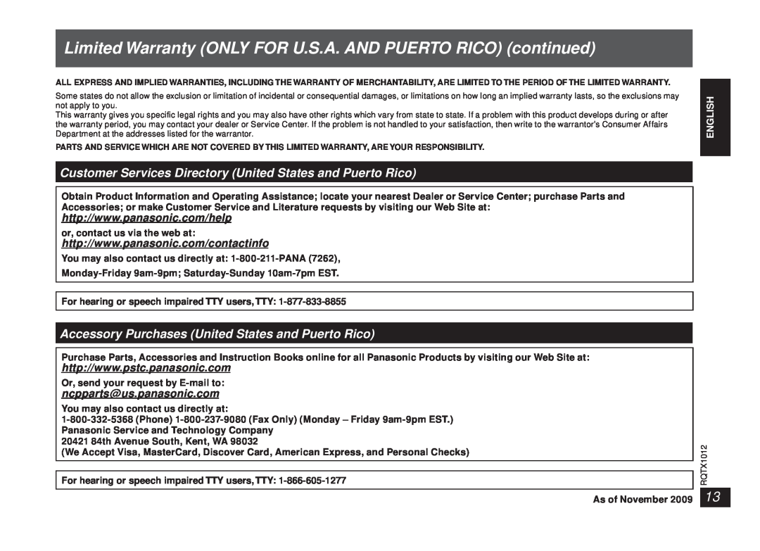 Panasonic SC-SP100 manual Accessory Purchases United States and Puerto Rico, English Español English 