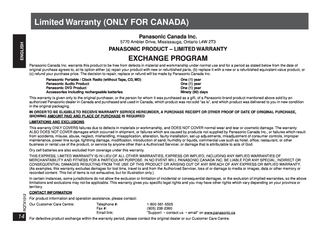 Panasonic SC-SP100 manual Limited Warranty ONLY FOR CANADA, Exchange Program, English Español English 