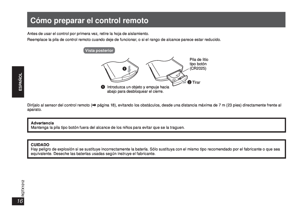 Panasonic SC-SP100 manual Cómo preparar el control remoto, Español Español, Vista posterior, Advertencia, Cuidado 