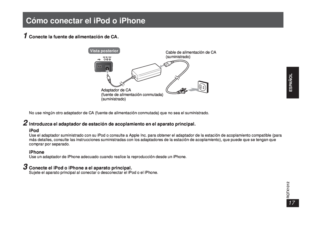 Panasonic SC-SP100 manual Conecte el iPod o iPhone a el aparato principal, Español 