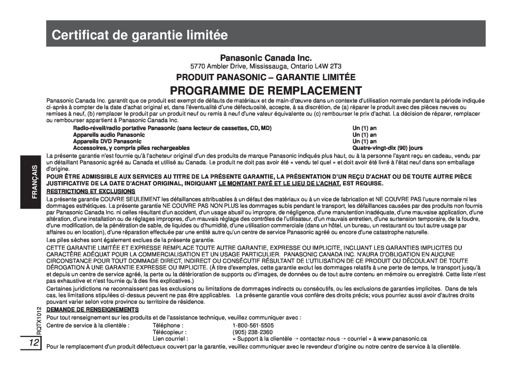 Panasonic SC-SP100 manual Certiﬁcat de garantie limitée, Programme De Remplacement, Français 