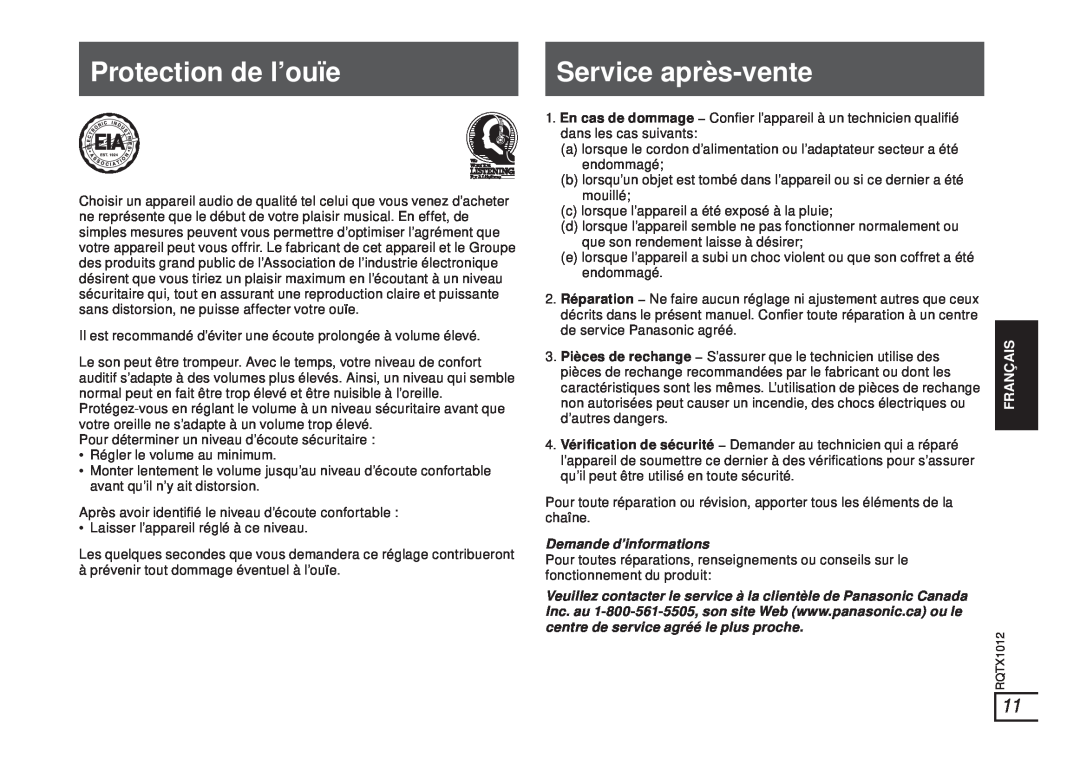 Panasonic SC-SP100 manual Protection de l’ouïe, Service après-vente, Demande d’informations, Français 