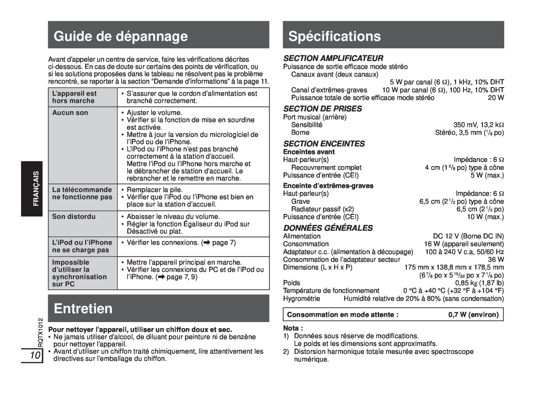 Panasonic SC-SP100 manual Guide de dépannage, Entretien, Spéciﬁcations, Section Amplificateur, Section De Prises 