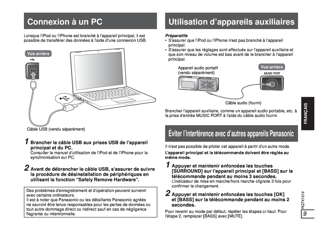 Panasonic SC-SP100 Connexion à un PC, Utilisation d’appareils auxiliaires, Appuyer et maintenir enfoncées les touches OK 