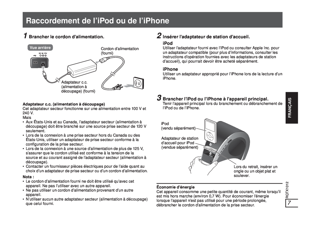 Panasonic SC-SP100 manual Raccordement de l’iPod ou de l’iPhone, Brancher le cordon d’alimentation, Vue arrière, Français 
