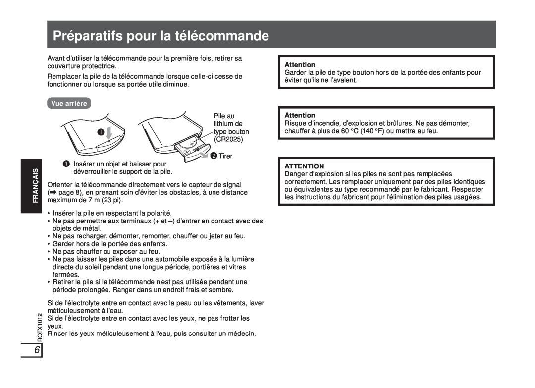 Panasonic SC-SP100 manual Préparatifs pour la télécommande, Vue arrière, Français 