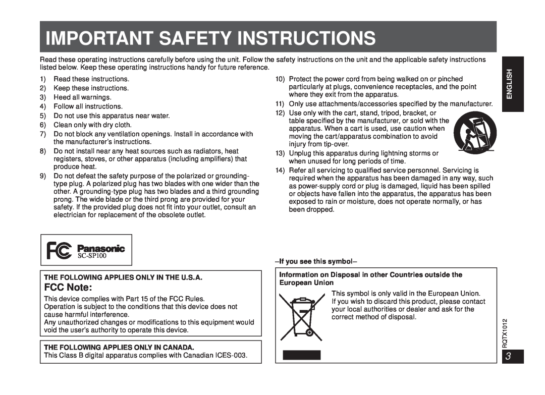 Panasonic SC-SP100 manual Important Safety Instructions, English Español English, The Following Applies Only In The U.S.A 