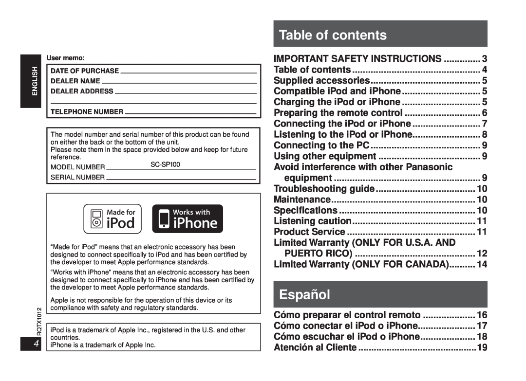 Panasonic SC-SP100 manual Table of contents, Español 
