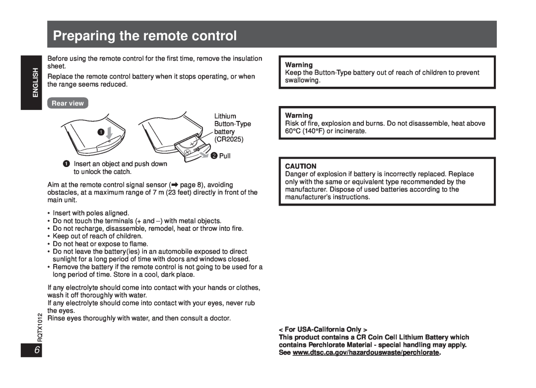 Panasonic SC-SP100 manual Preparing the remote control, Rear view, For USA-CaliforniaOnly 