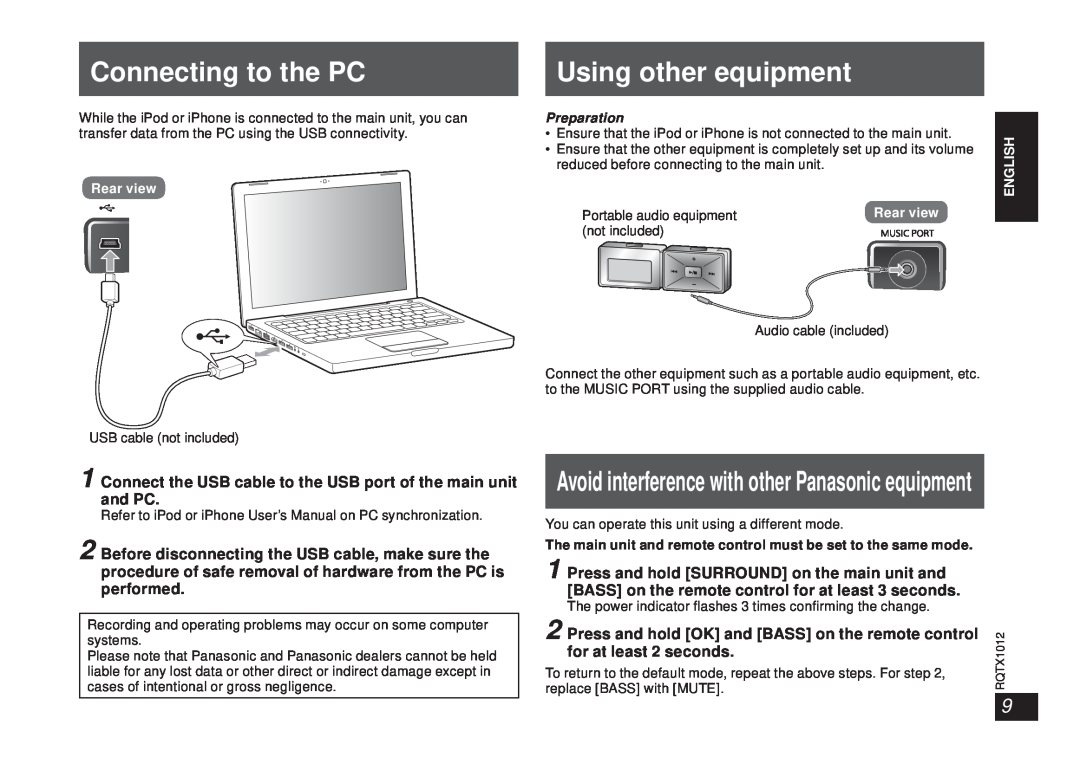 Panasonic SC-SP100 manual Connecting to the PC, Using other equipment, Avoid interference with other Panasonic equipment 