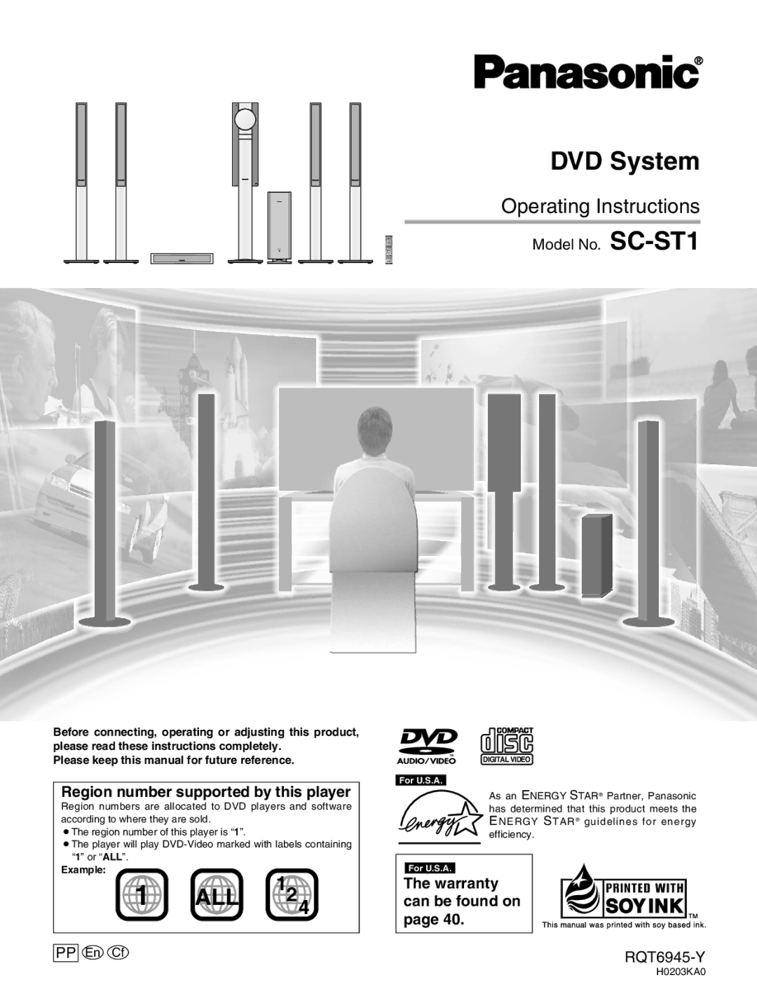 Panasonic SC-ST1 warranty Region number supported by this player, Warranty can be found on, Example 