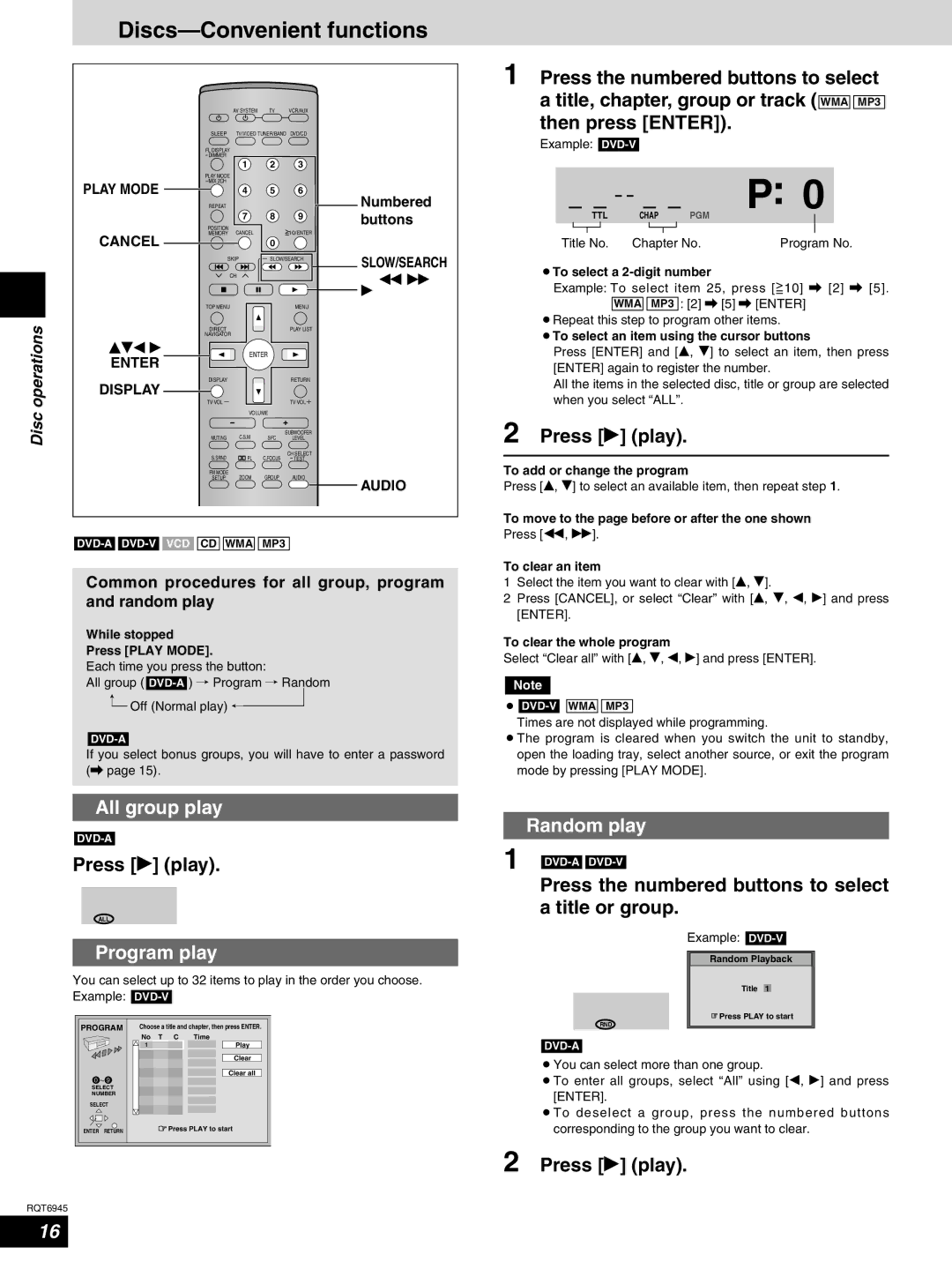 Panasonic SC-ST1 warranty Discs-Convenient functions, All group play, Program play, Random play 