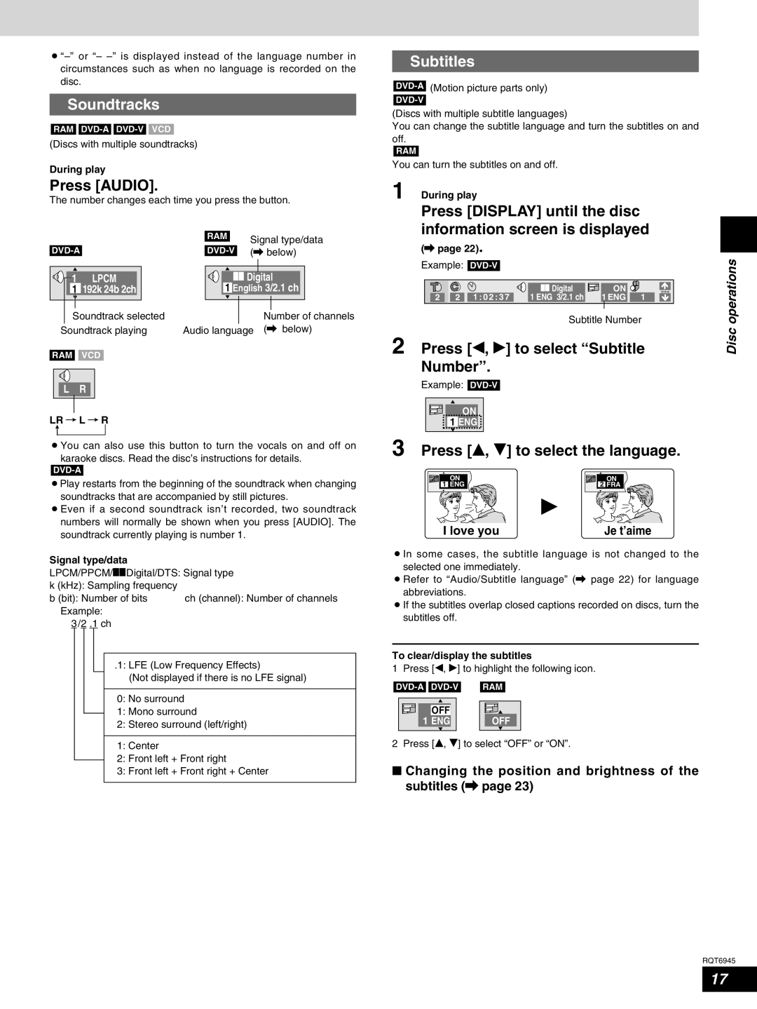 Panasonic SC-ST1 warranty Soundtracks, Subtitles, Press w, q to select Subtitle, Number 