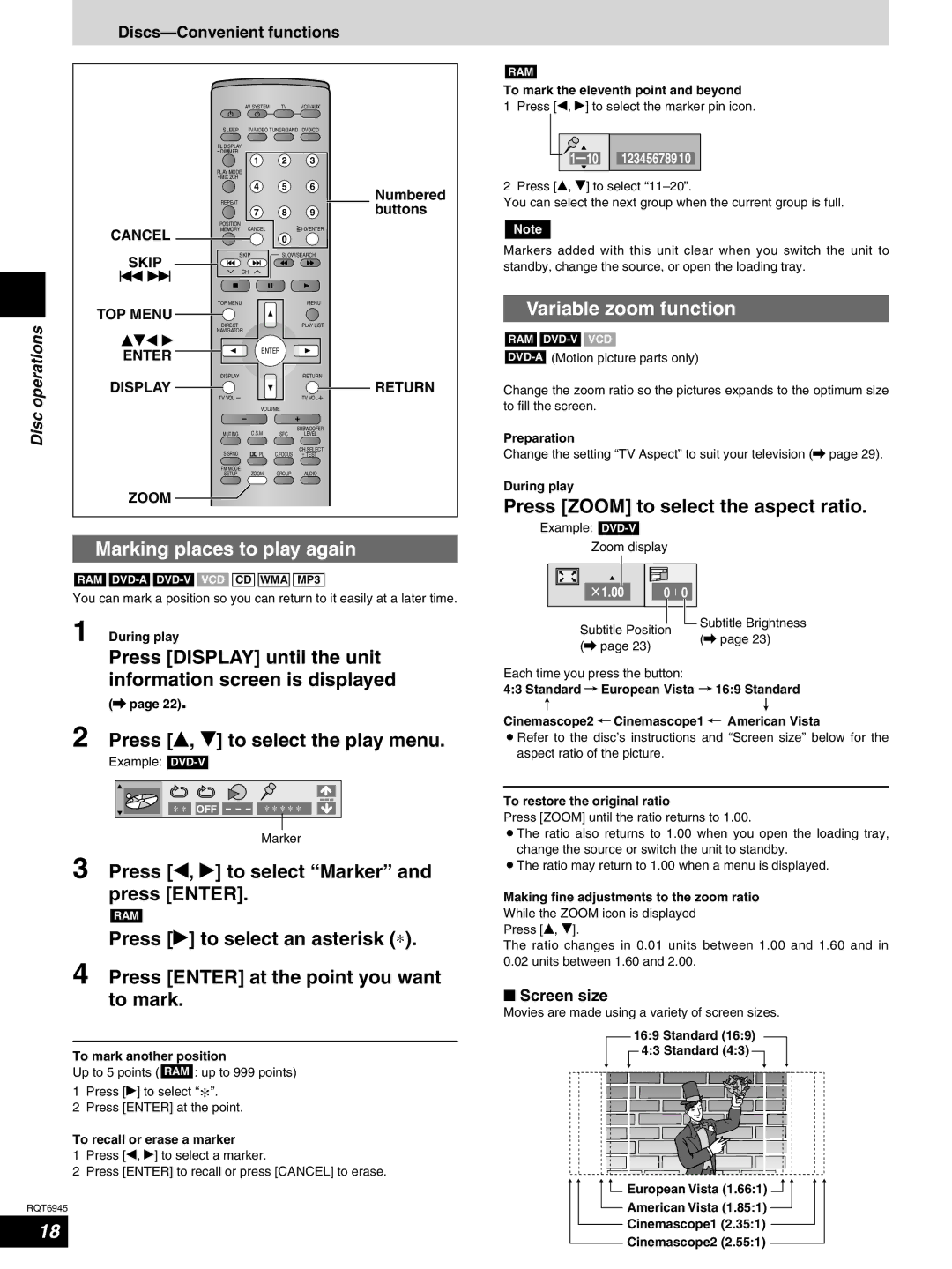 Panasonic SC-ST1 warranty Variable zoom function, Press Zoom to select the aspect ratio, Marking places to play again 