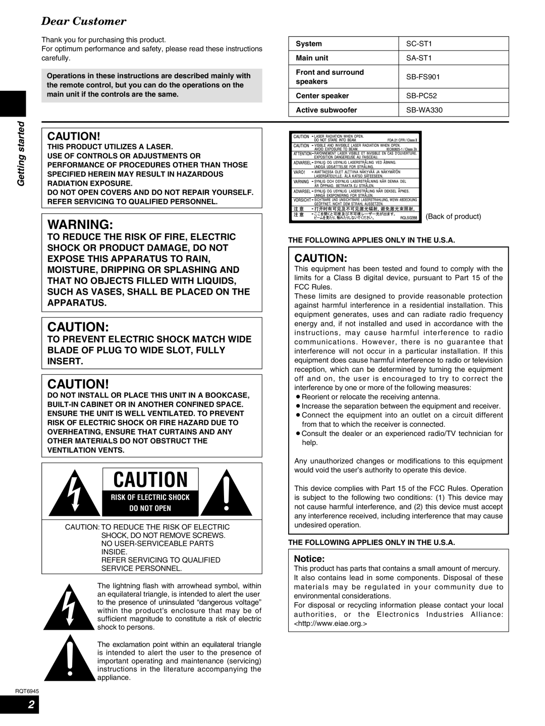 Panasonic SC-ST1 warranty Main unit, Front and surround SB-FS901 Speakers Center speaker, Active subwoofer SB-WA330 