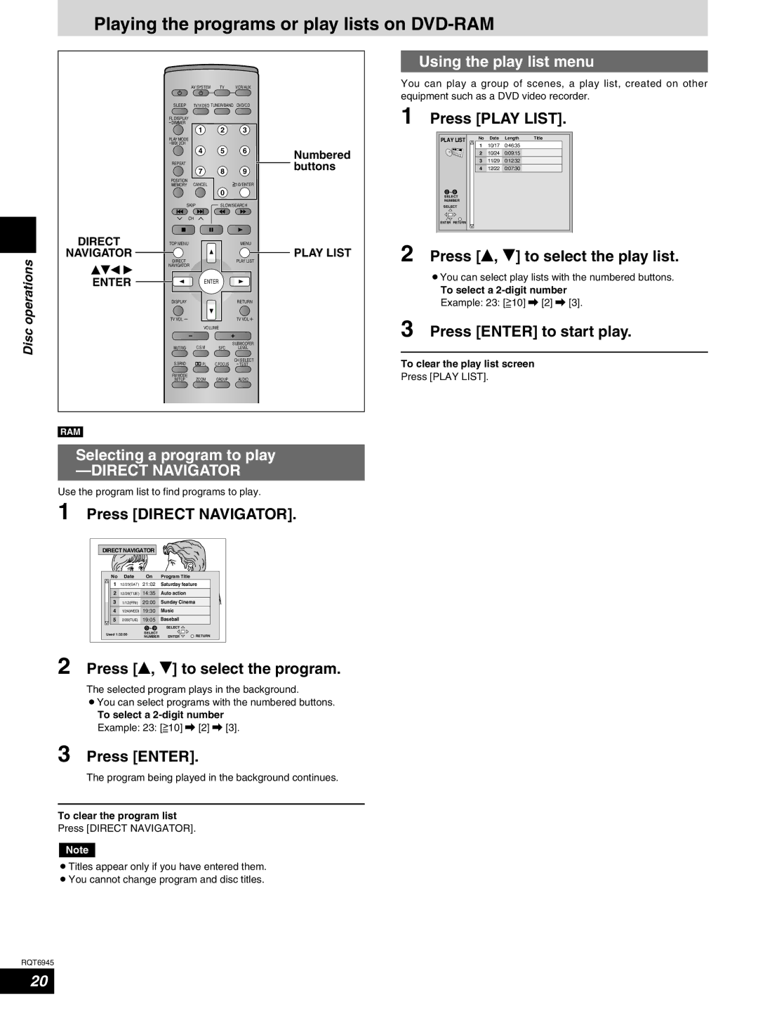 Panasonic SC-ST1 Playing the programs or play lists on DVD-RAM, Using the play list menu, Selecting a program to play 