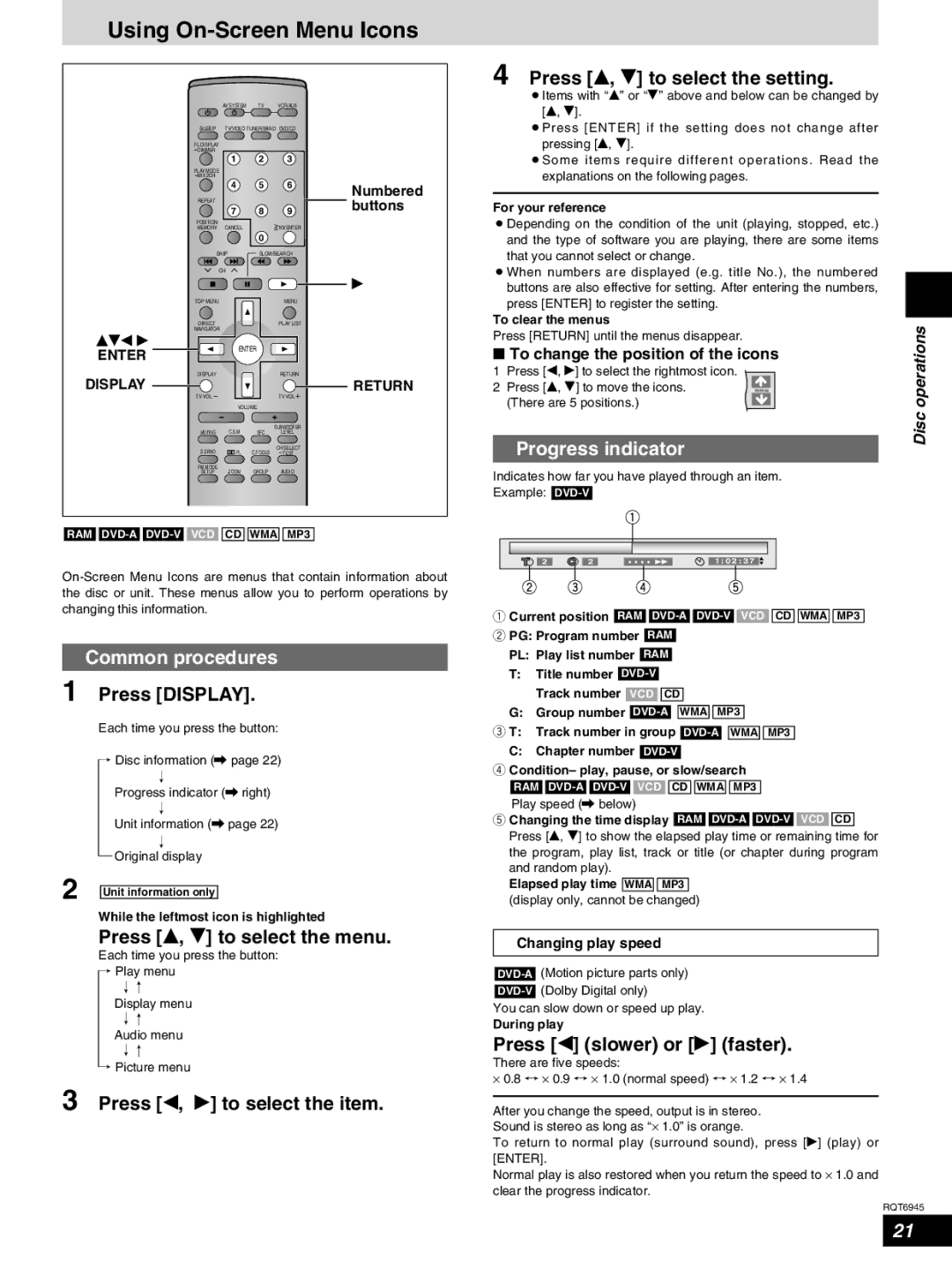 Panasonic SC-ST1 warranty Using On-Screen Menu Icons, Common procedures, Progress indicator 