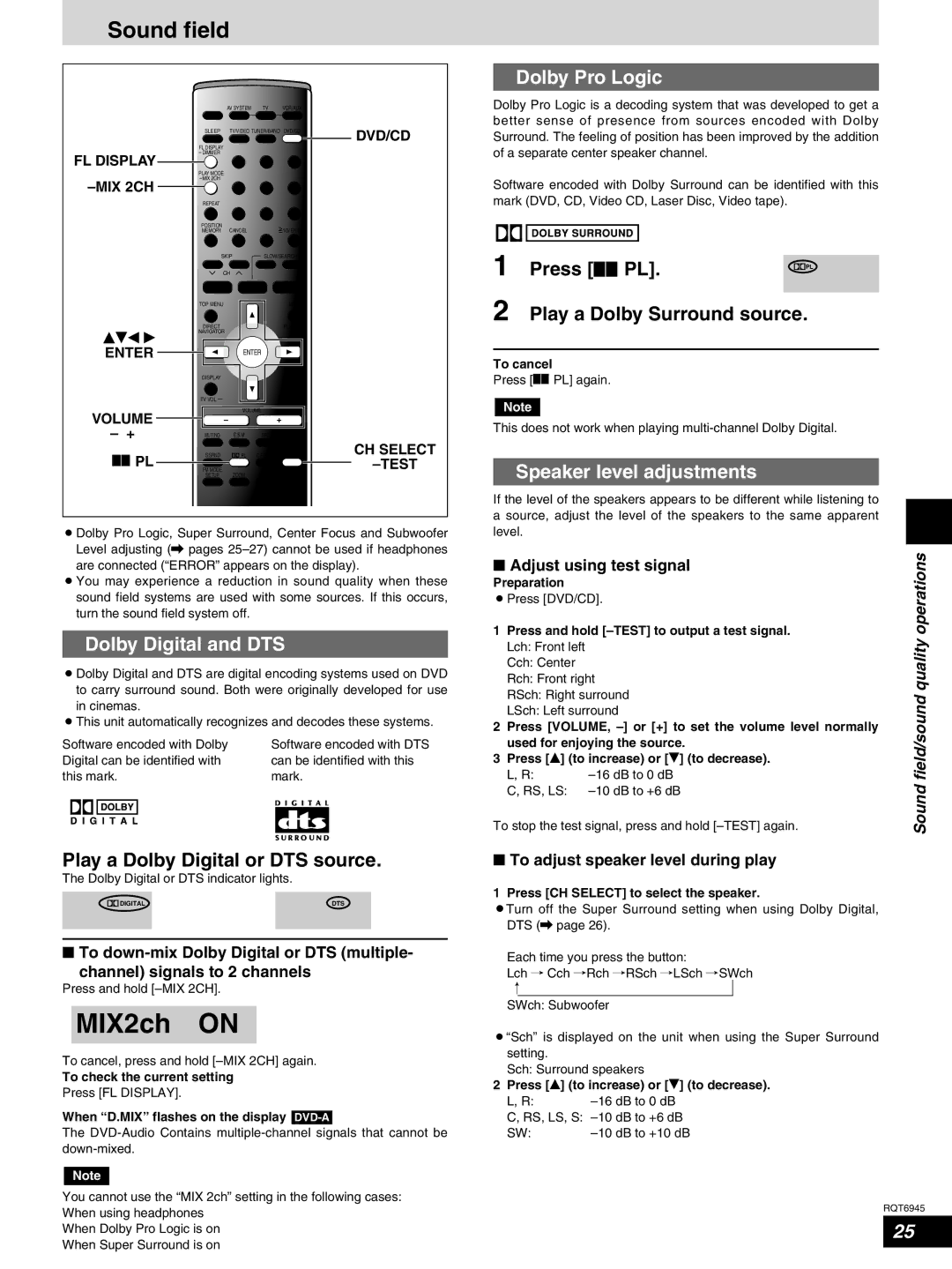 Panasonic SC-ST1 warranty Sound field, Dolby Digital and DTS, Dolby Pro Logic, Speaker level adjustments 