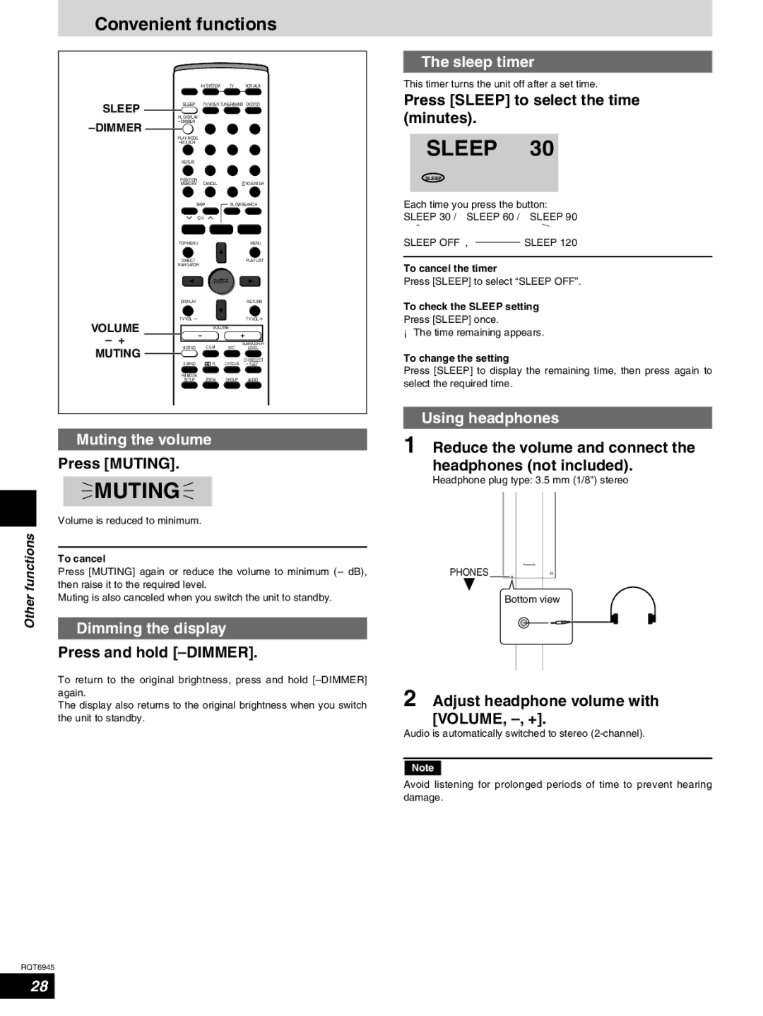 Panasonic SC-ST1 warranty Convenient functions, Muting the volume, Dimming the display, Sleep timer, Using headphones 