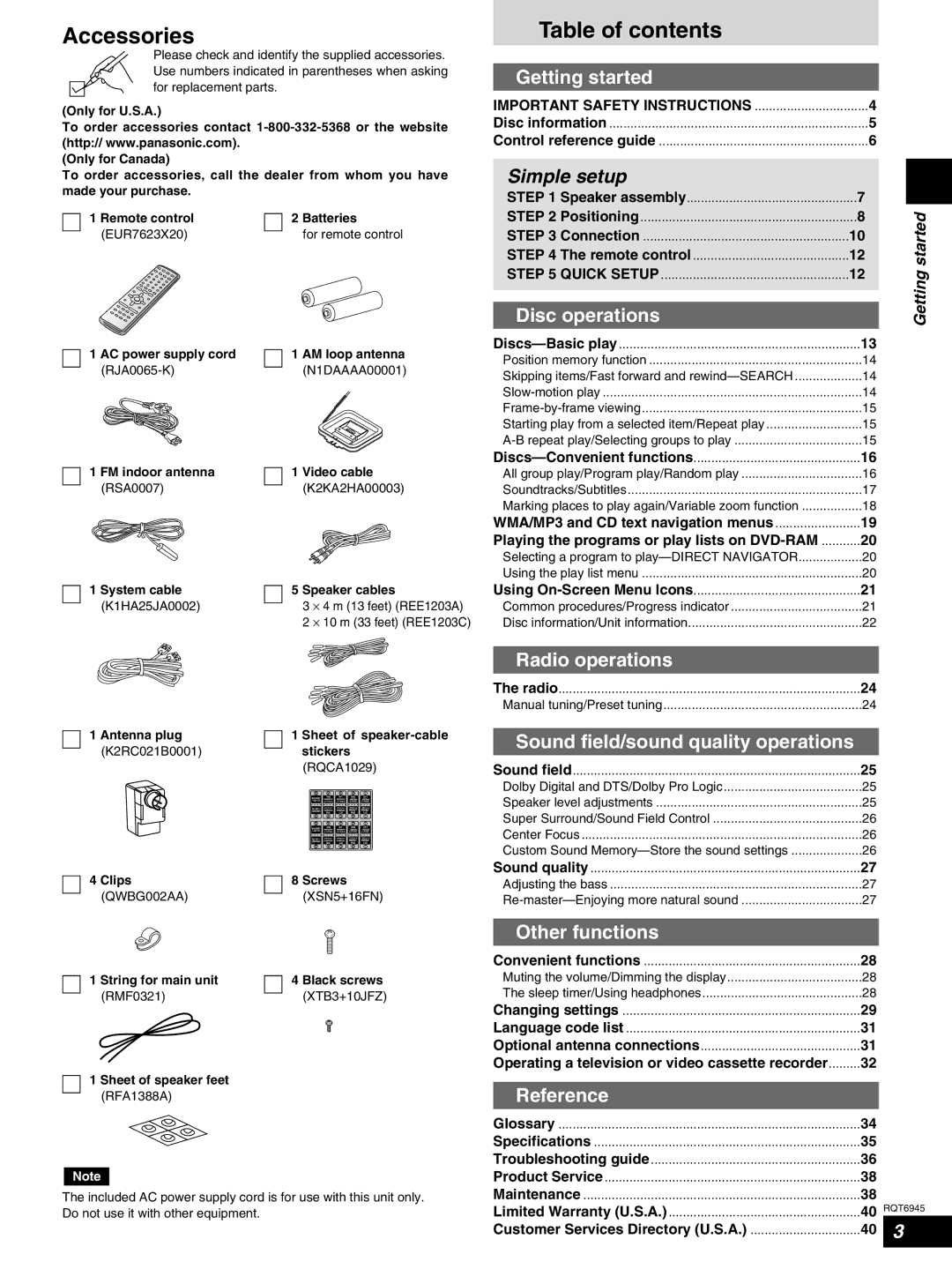 Panasonic SC-ST1 warranty Accessories, Table of contents 