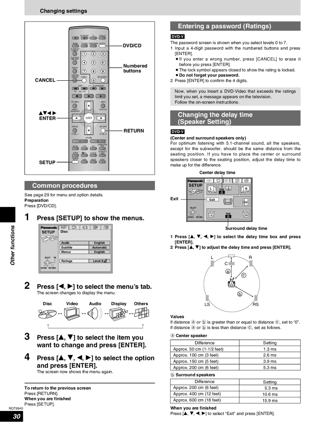 Panasonic SC-ST1 warranty Press Setup to show the menus, Press w, q to select the menu’s tab, Entering a password Ratings 