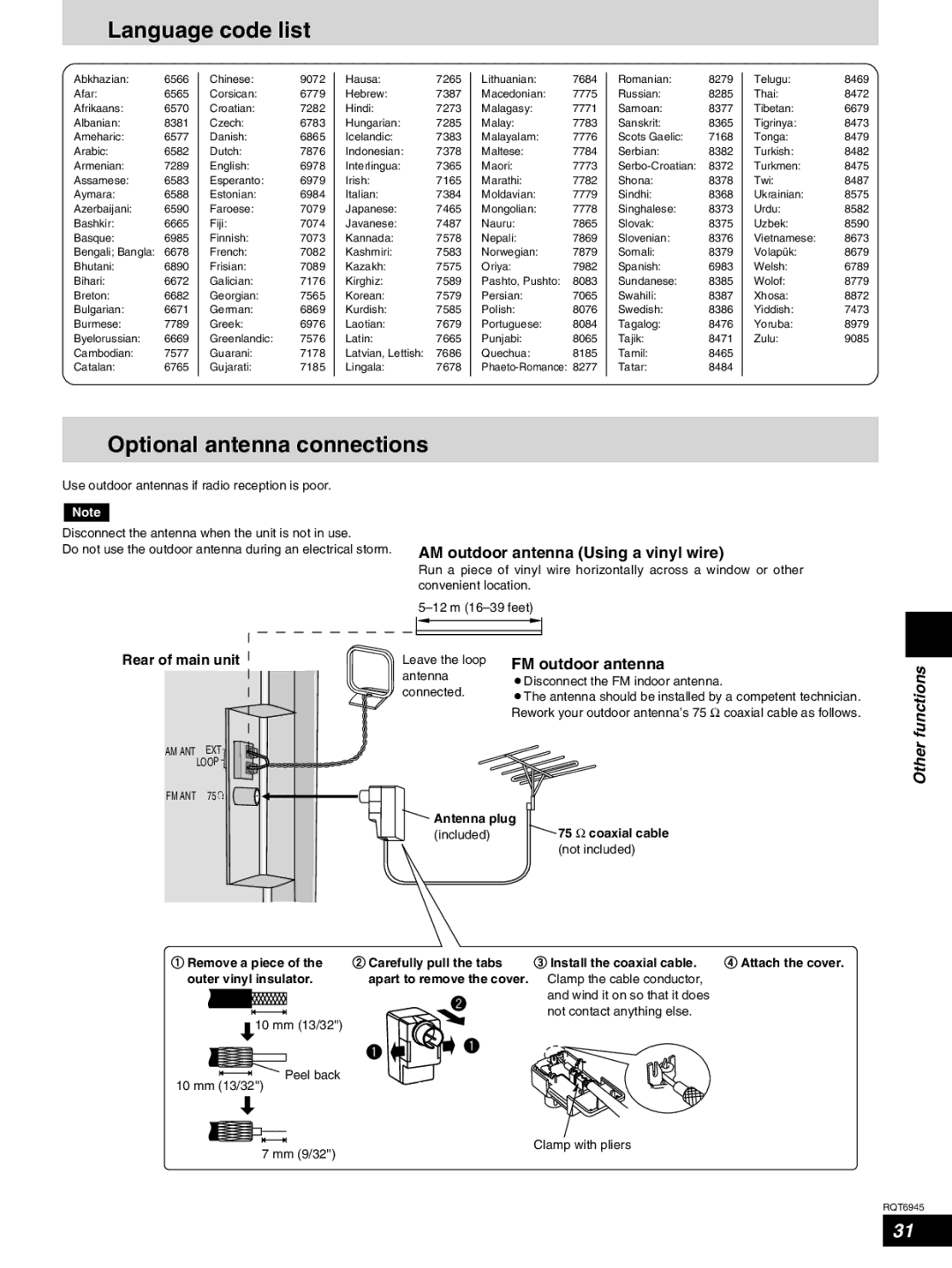 Panasonic SC-ST1 warranty Language code list, Optional antenna connections, AM outdoor antenna Using a vinyl wire 