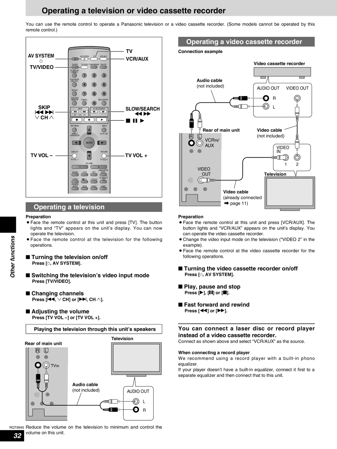 Panasonic SC-ST1 warranty Operating a television or video cassette recorder, Operating a video cassette recorder 