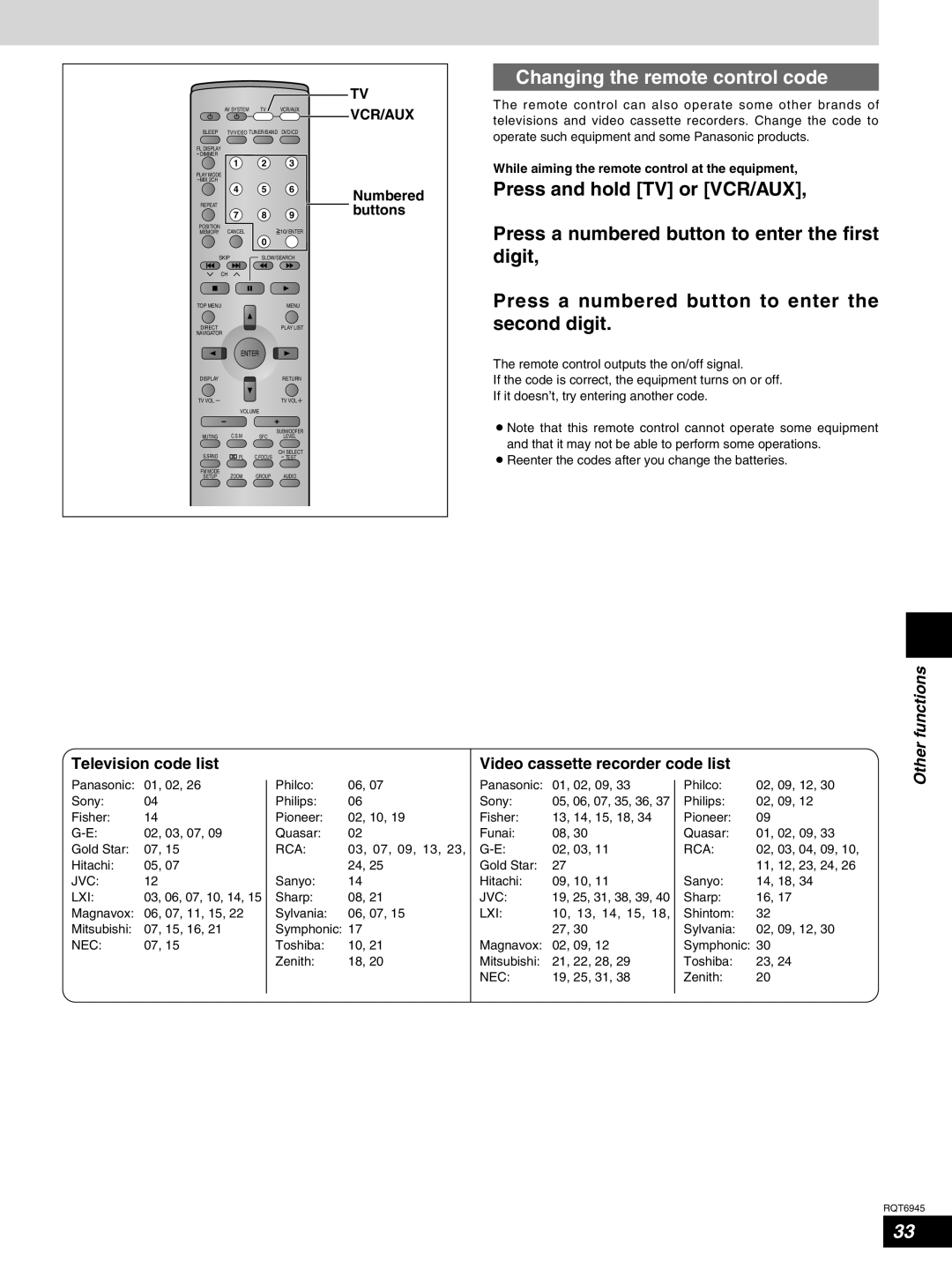 Panasonic SC-ST1 warranty Changing the remote control code, Television code list Video cassette recorder code list, Vcr/Aux 