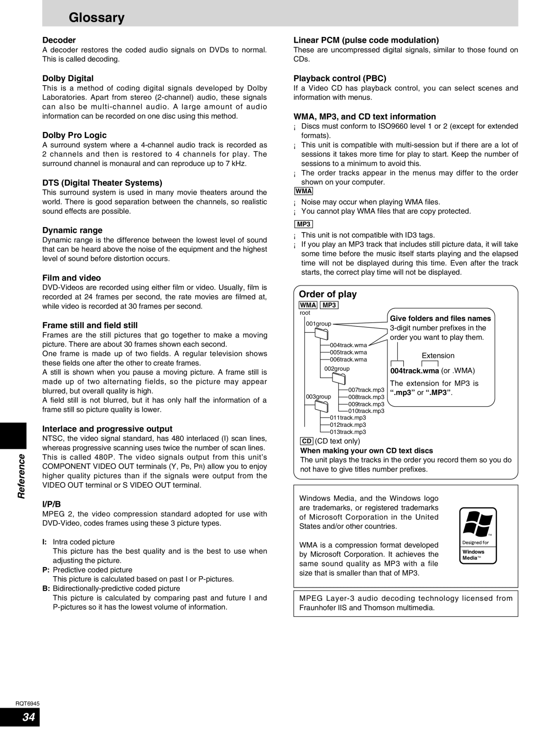 Panasonic SC-ST1 warranty Glossary, Order of play 