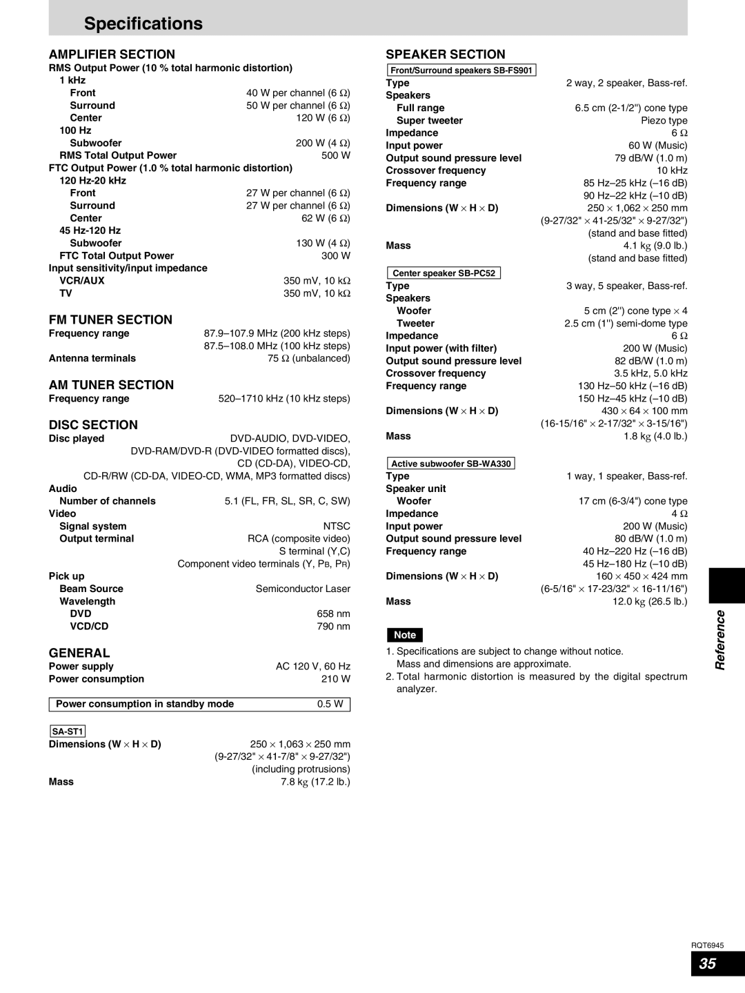 Panasonic SC-ST1 warranty Specifications 