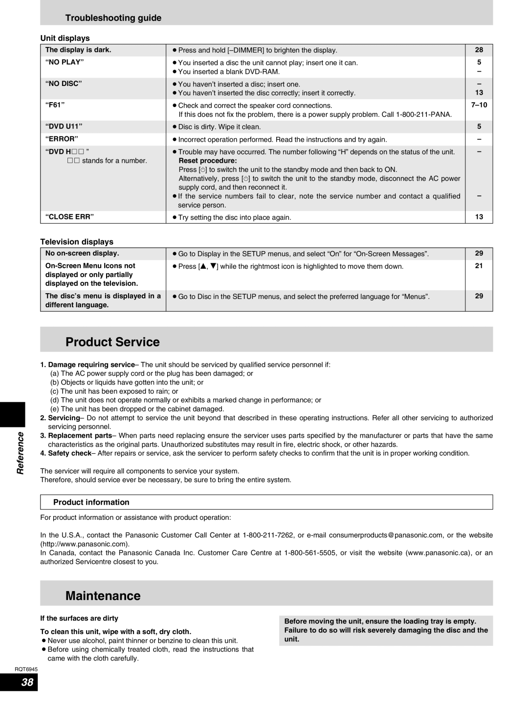 Panasonic SC-ST1 warranty Product Service, Maintenance, Troubleshooting guide 