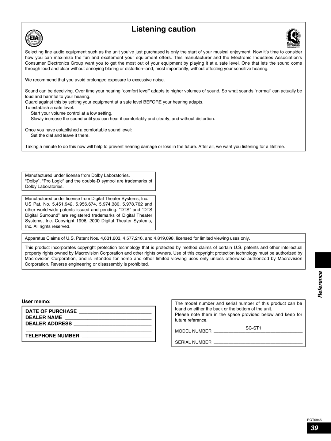 Panasonic SC-ST1 warranty Listening caution 