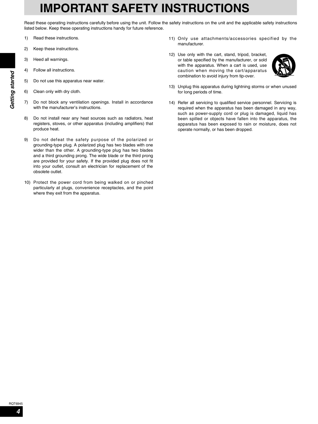 Panasonic SC-ST1 warranty Important Safety Instructions 