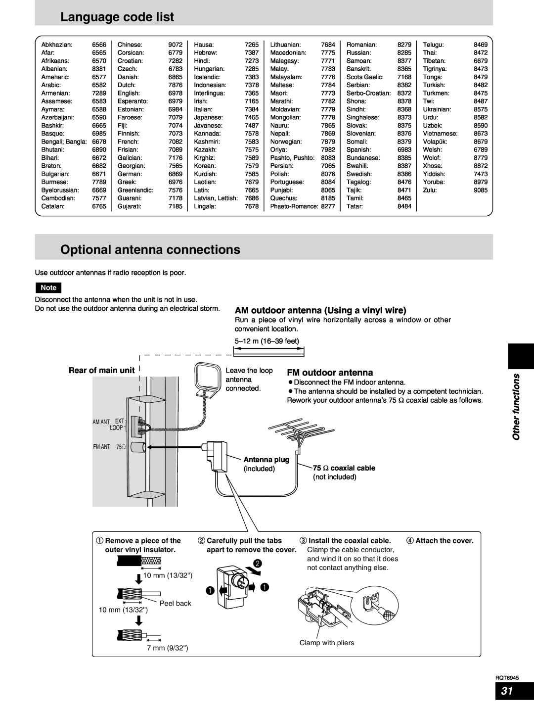 Panasonic SC-ST1 Language code list, Optional antenna connections, AM outdoor antenna Using a vinyl wire, Other functions 