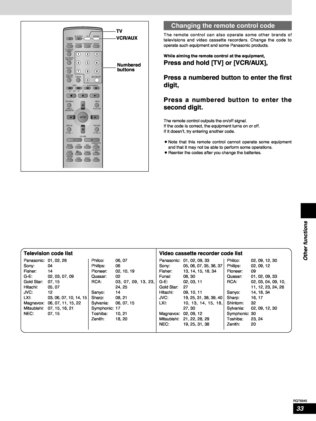 Panasonic SC-ST1 Changing the remote control code, Press and hold TV or VCR/AUX, Television code list, Other functions 