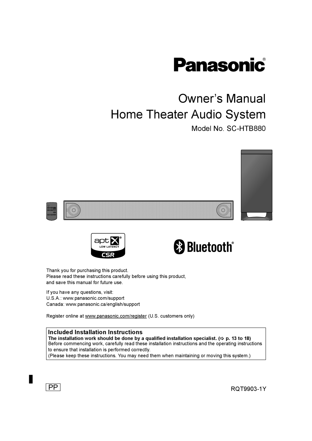 Panasonic SC-THB880 owner manual Home Theater Audio System, Included Installation Instructions 