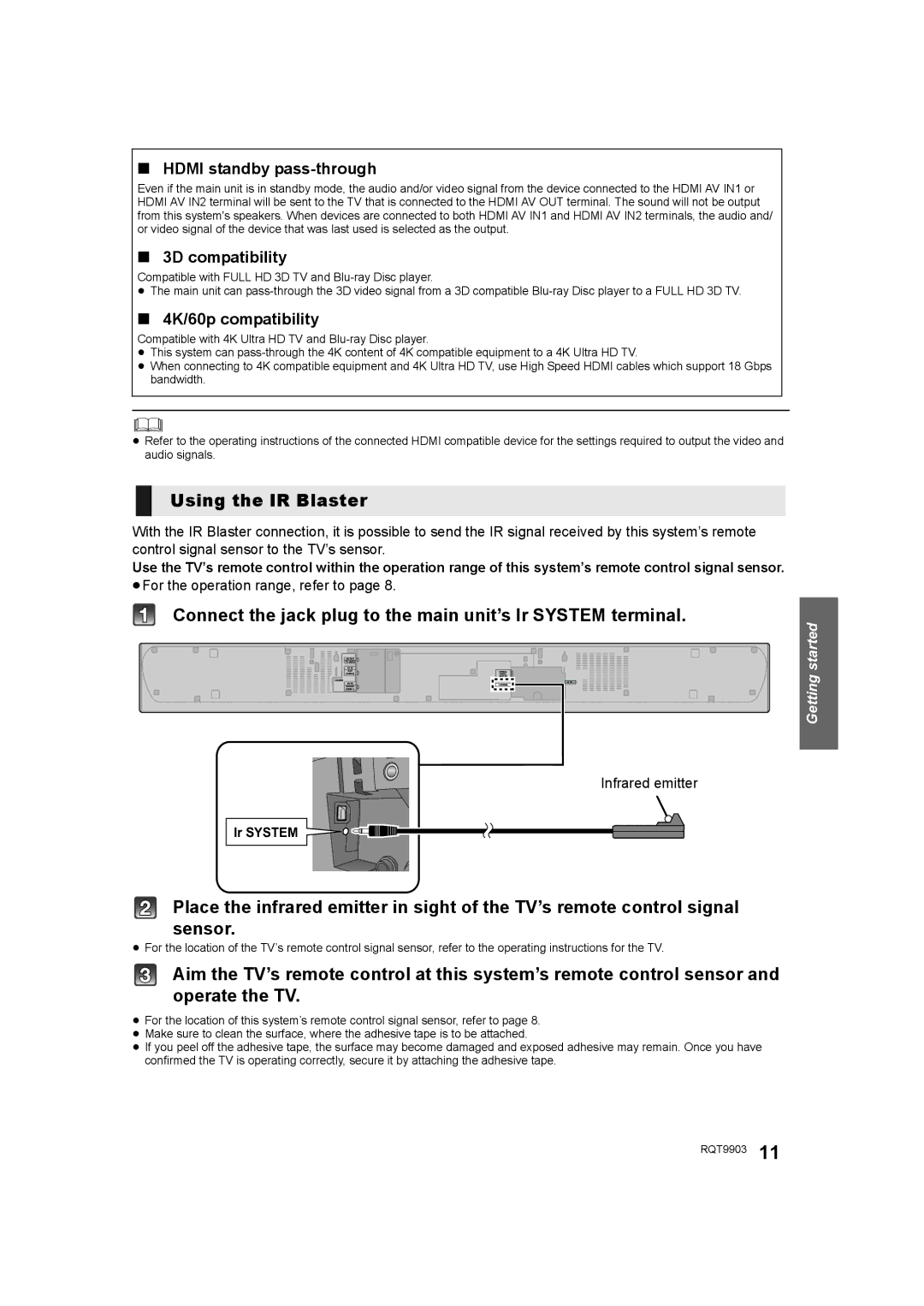 Panasonic SC-THB880 Using the IR Blaster, Connect the jack plug to the main unit’s Ir System terminal, 3D compatibility 