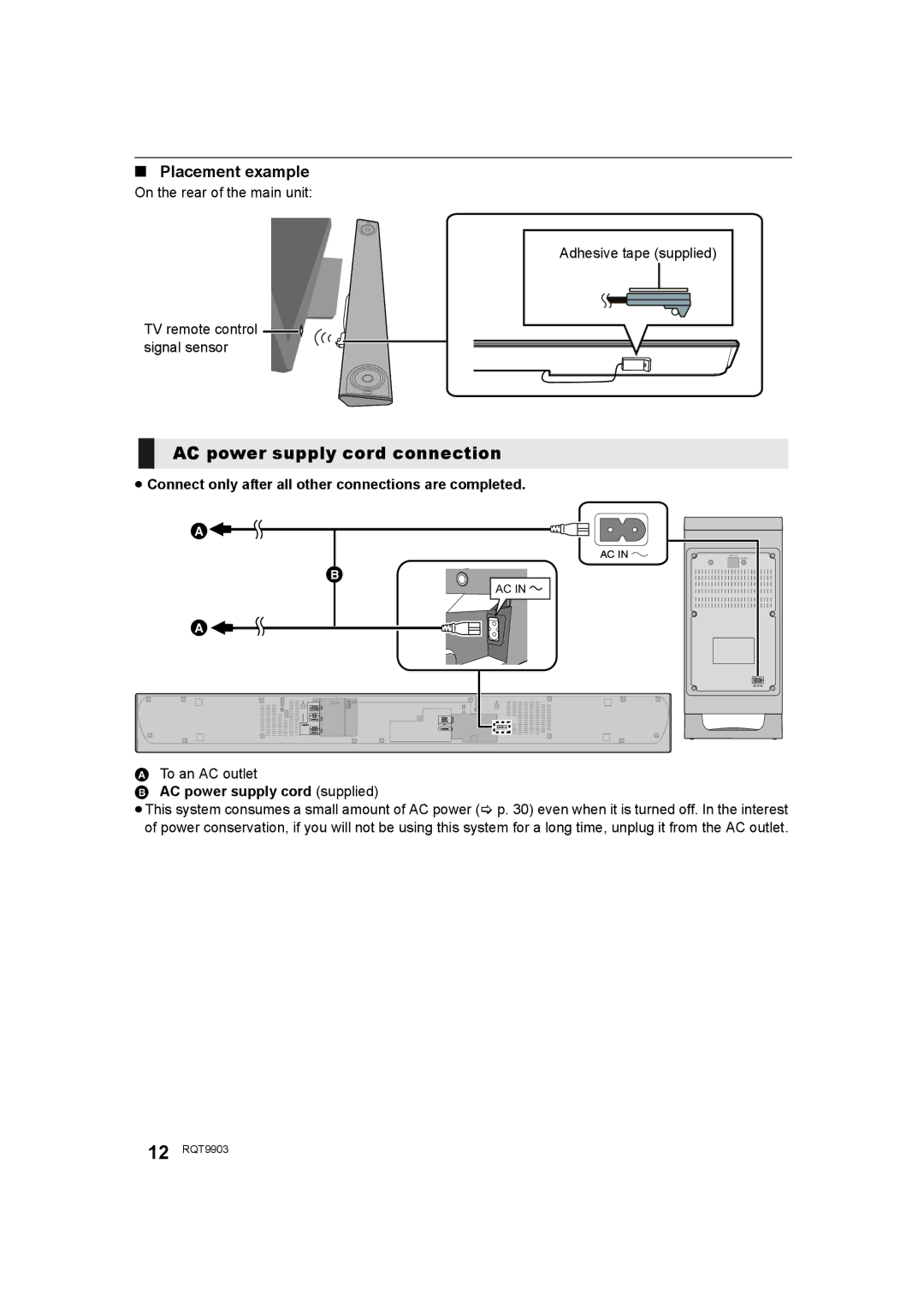 Panasonic SC-THB880 AC power supply cord connection, Placement example, To an AC outlet, AC power supply cord supplied 