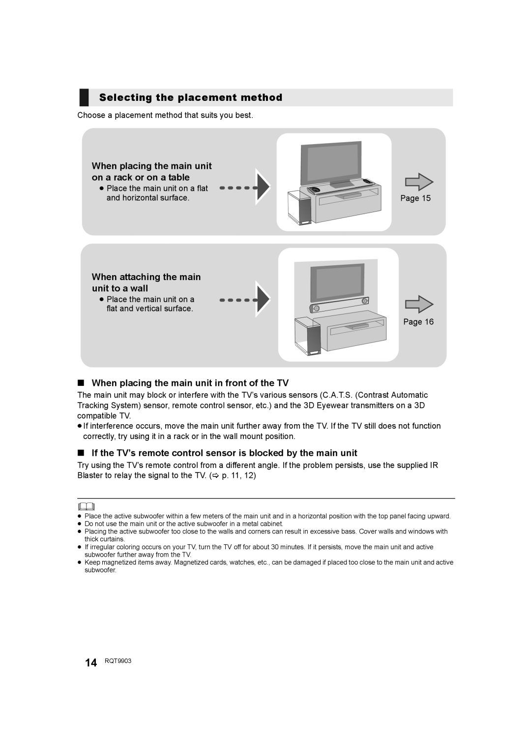 Panasonic SC-THB880 owner manual Selecting the placement method, When placing the main unit on a rack or on a table 