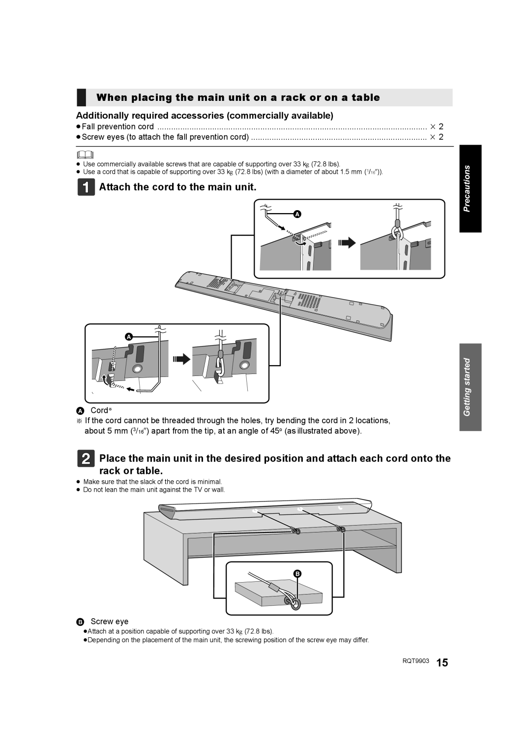 Panasonic SC-THB880 owner manual When placing the main unit on a rack or on a table, Attach the cord to the main unit 