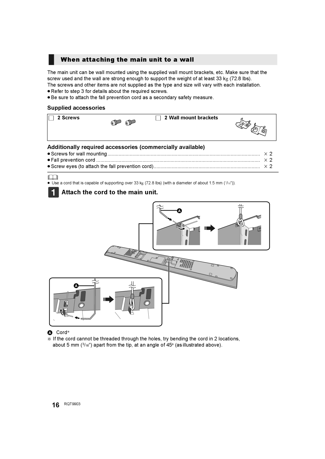 Panasonic SC-THB880 When attaching the main unit to a wall, Supplied accessories, ∏ 2 Screws∏ 2 Wall mount brackets 