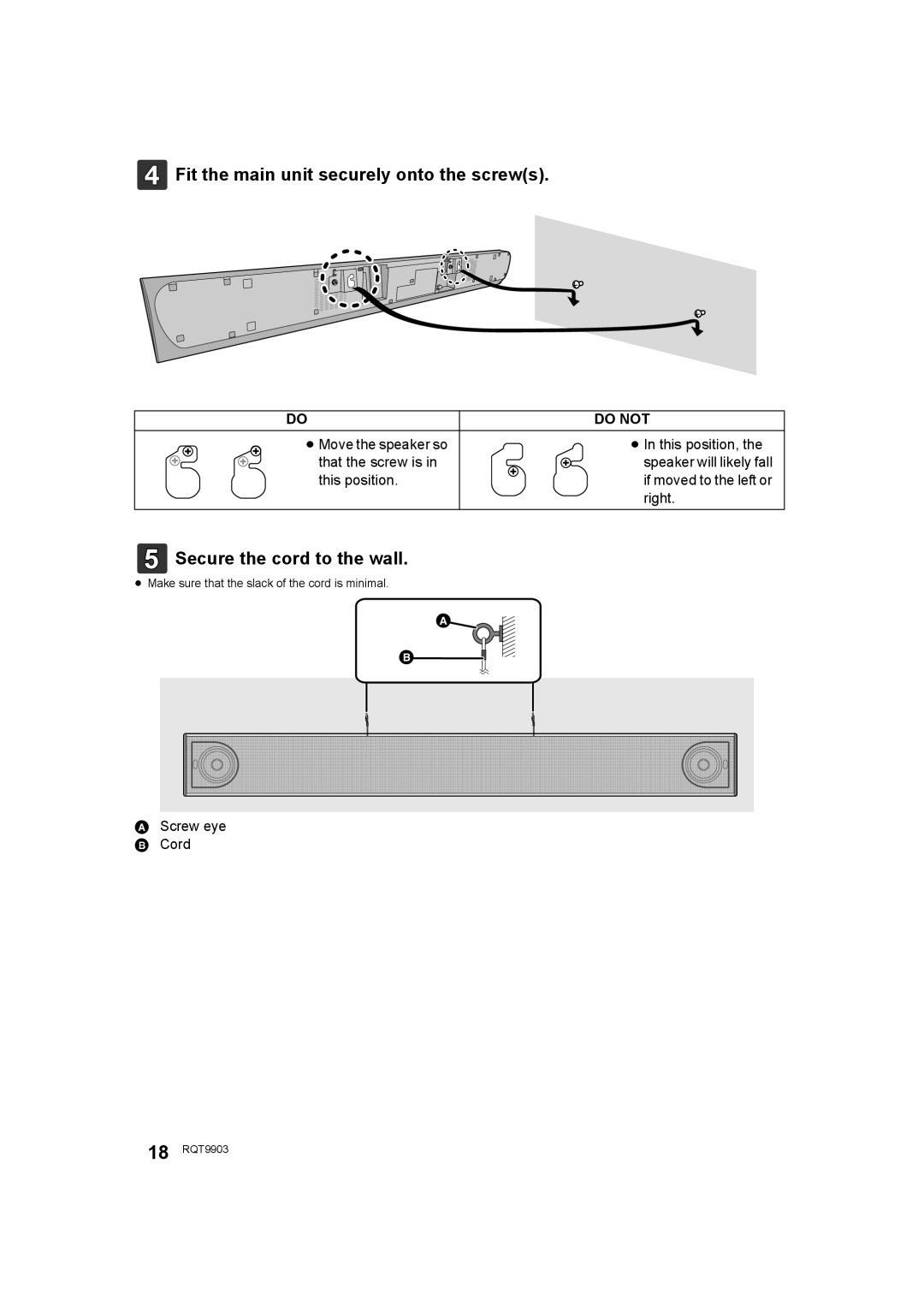 Panasonic SC-THB880 owner manual Fit the main unit securely onto the screws, Secure the cord to the wall, Do not 