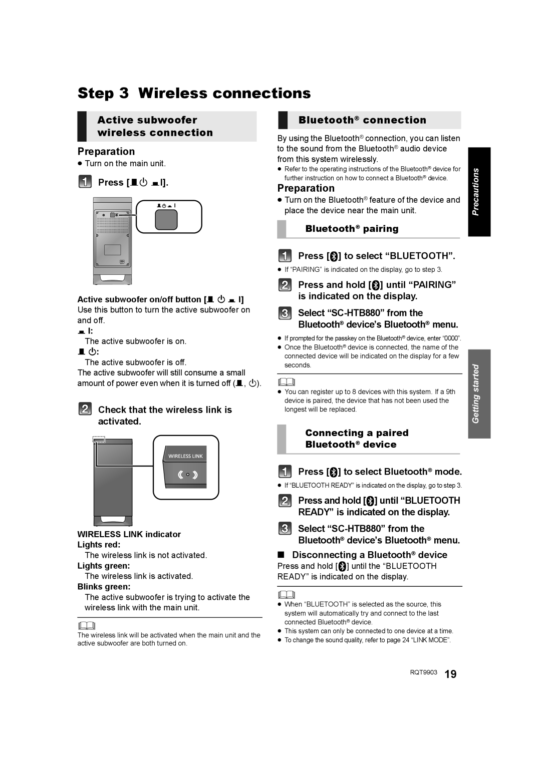 Panasonic SC-THB880 Wireless connections, Active subwoofer wireless connection Preparation, Bluetooth connection 