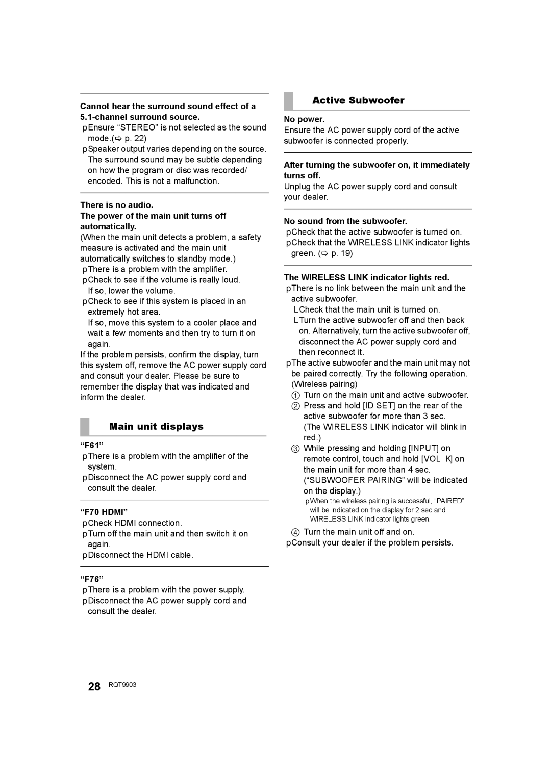 Panasonic SC-THB880 owner manual Main unit displays, Active Subwoofer 