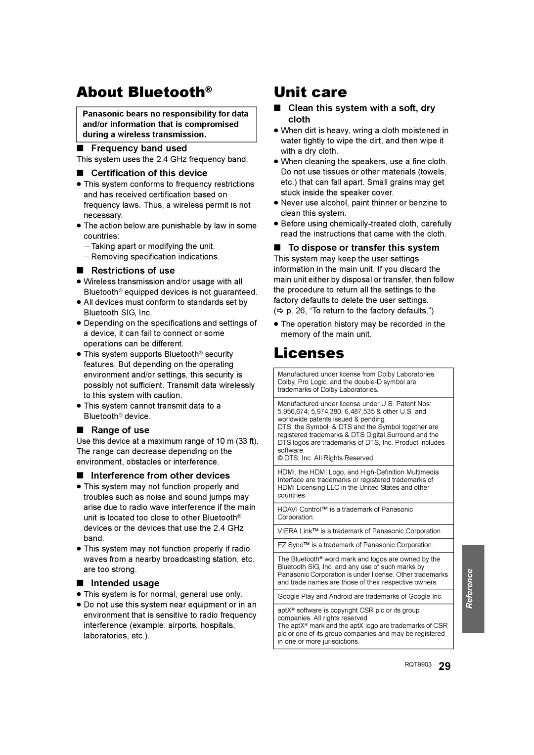 Panasonic SC-THB880 owner manual About Bluetooth, Unit care, Licenses 