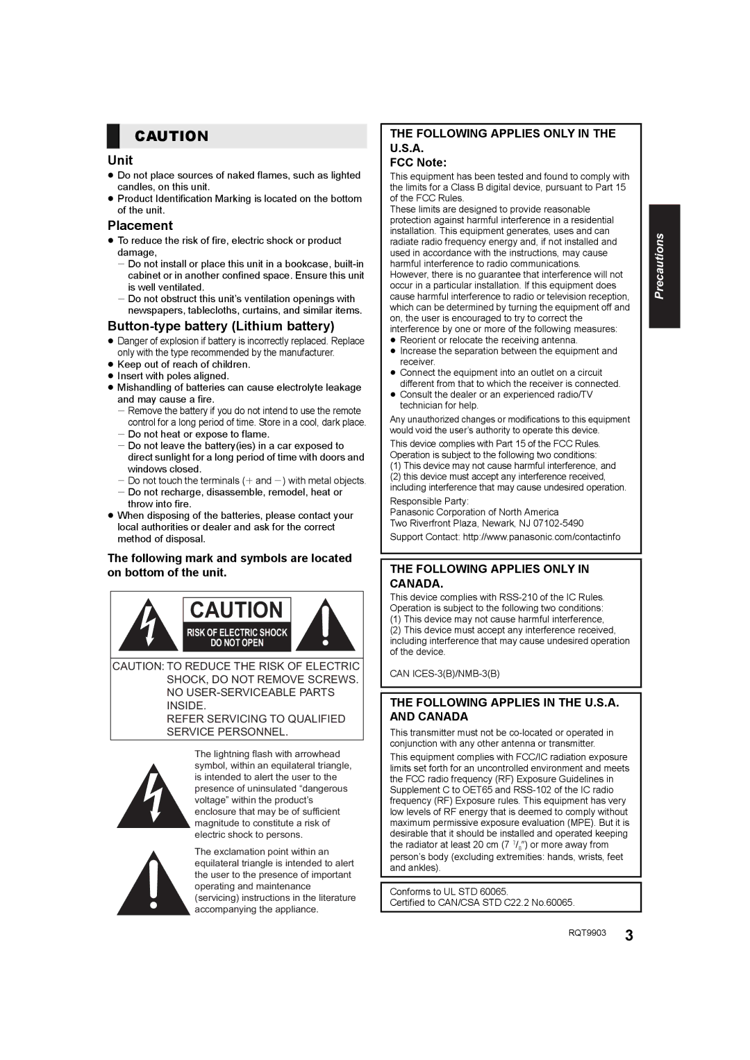 Panasonic SC-THB880 owner manual Placement, Following Applies only in the U.S.A, FCC Note, Following Applies only in Canada 