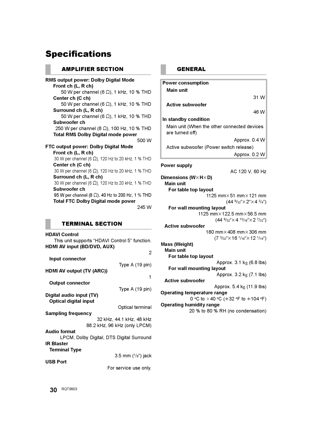 Panasonic SC-THB880 owner manual Specifications 