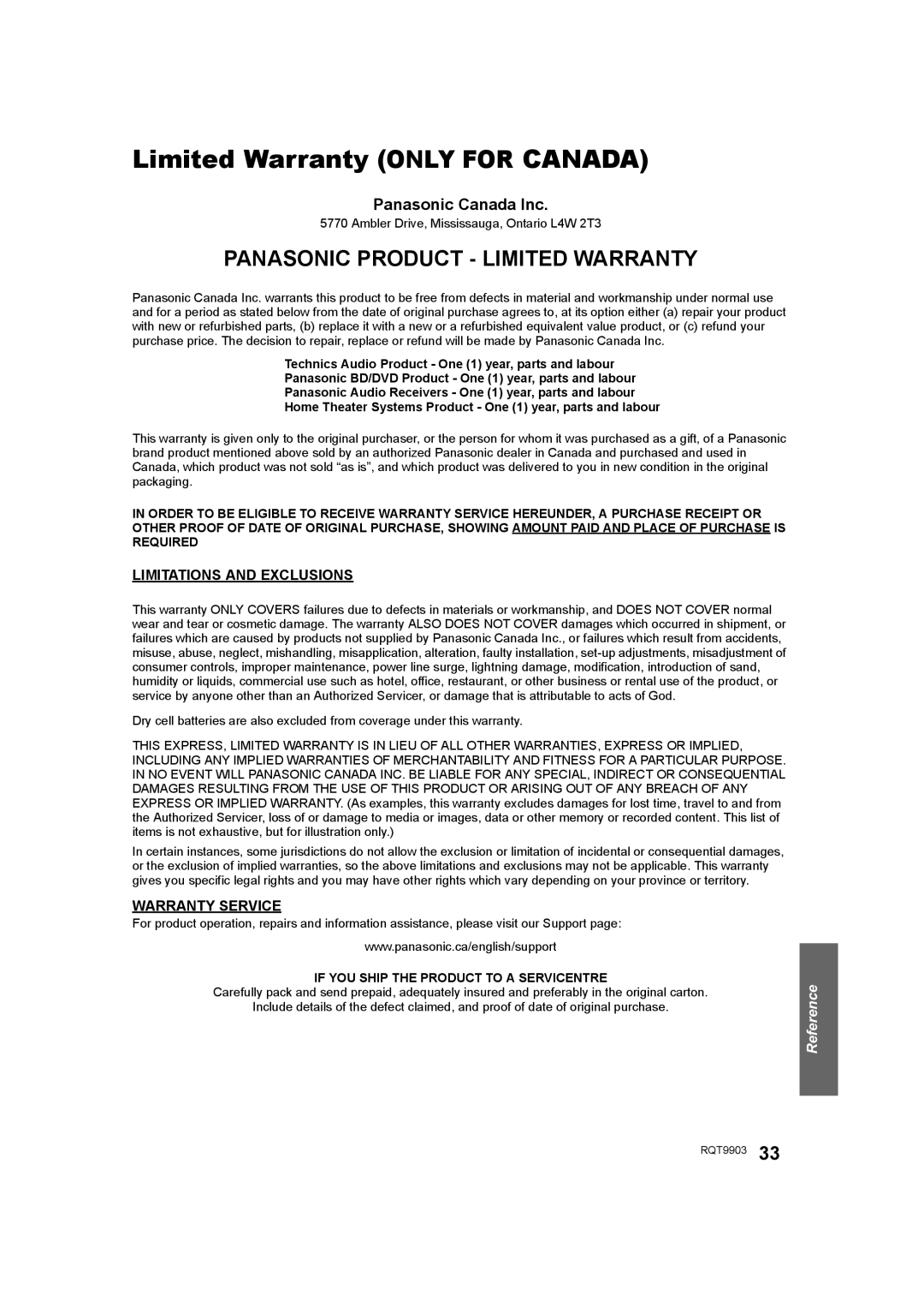 Panasonic SC-THB880 Limited Warranty only for Canada, Panasonic Canada Inc, Limitations and Exclusions, Warranty Service 