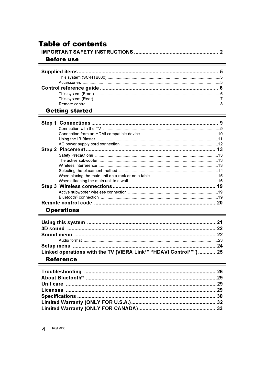 Panasonic SC-THB880 owner manual Table of contents 