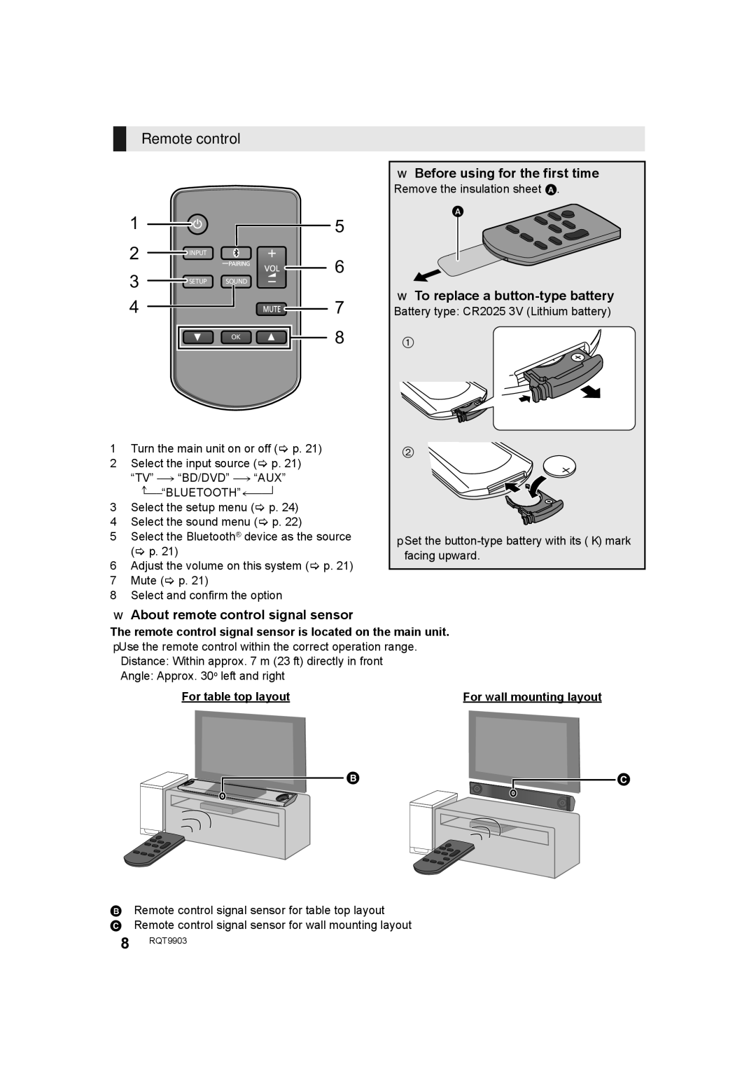 Panasonic SC-THB880 owner manual Remote control, Before using for the first time, To replace a button-type battery,   